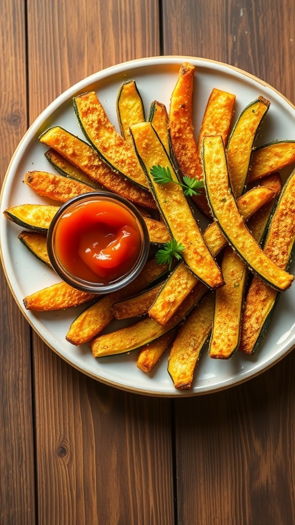 Crispy zucchini fries coated with nutritional yeast, served with marinara sauce on a wooden table.